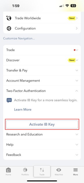 Image of the IBKR mobile activate IB key button. 